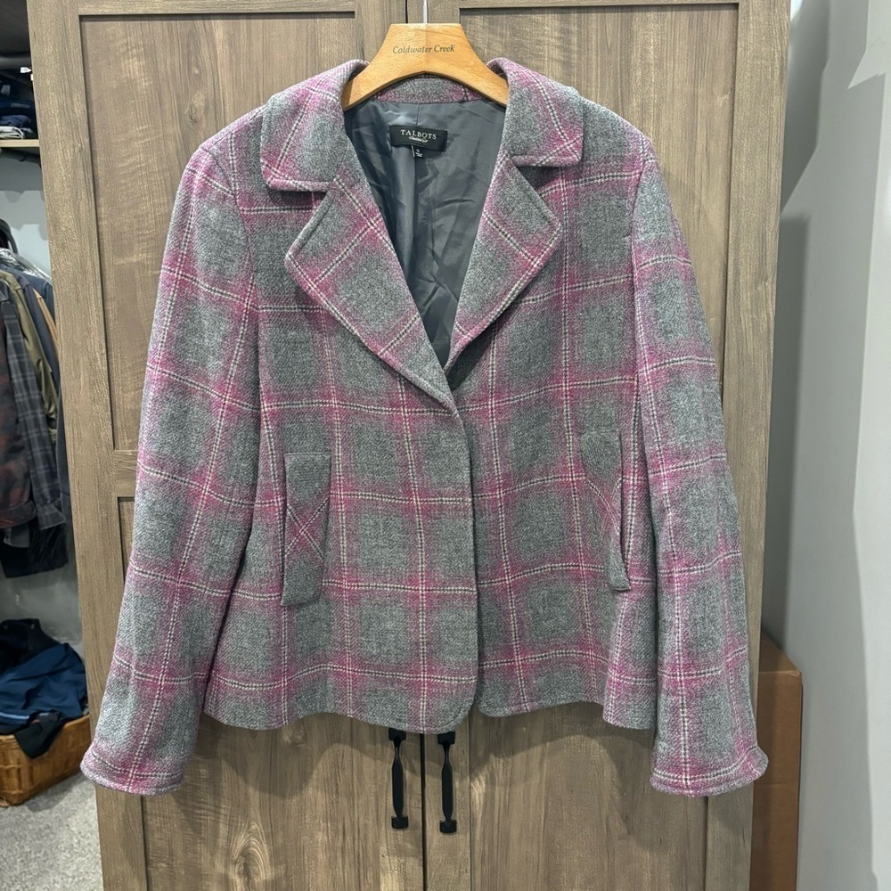 Talbots 12 Jacket Gray Pink Plaid Windowpane Wool Tweed Blazer Snap Front